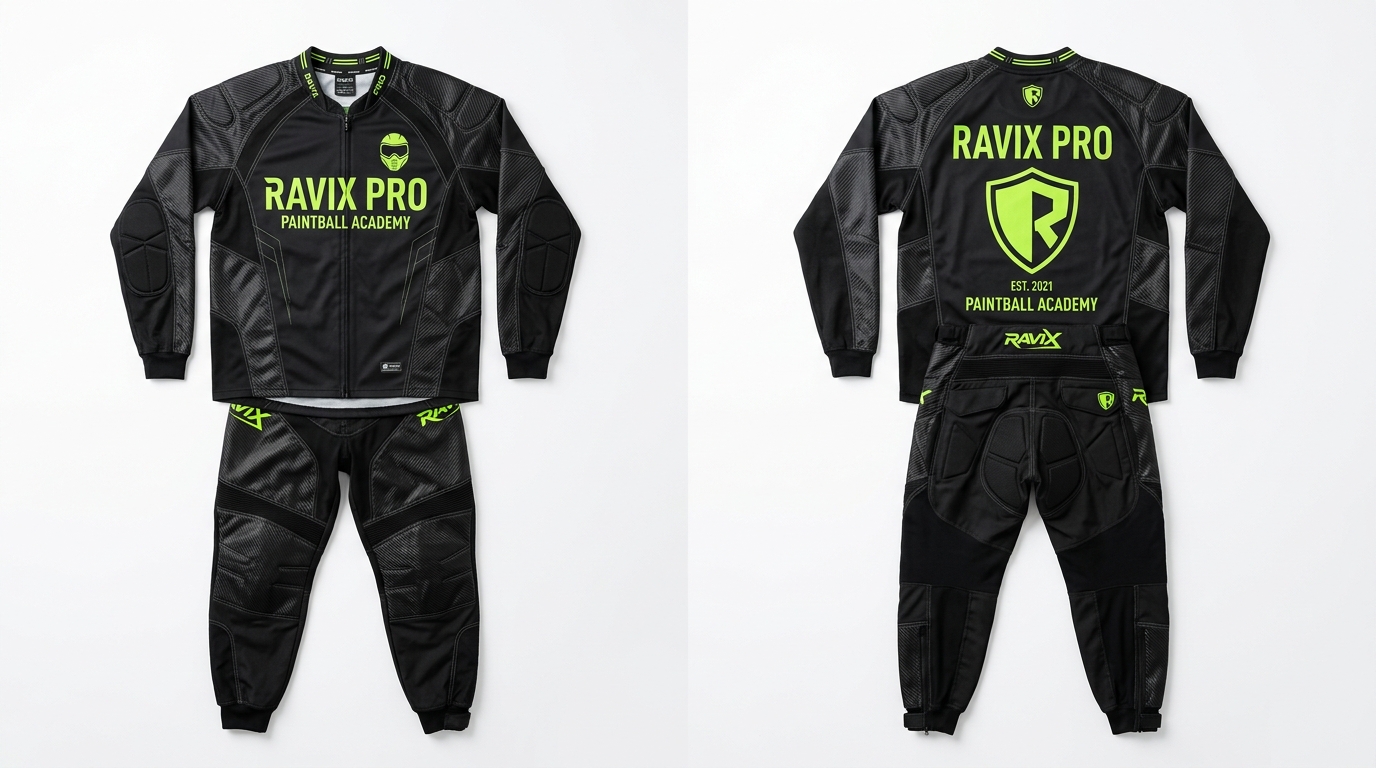 Custom Black and Lime Green Paintball Uniform with Shield Crest Custom Black and Lime Green Paintball Uniform with Shield Crest – custom manufactured by Ravix Pro Industry, Sialkot, Pakistan