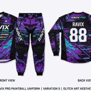 Custom Purple and Black Glitch Print Paintball Uniform – custom manufactured by Ravix Pro Industry, Sialkot, Pakistan