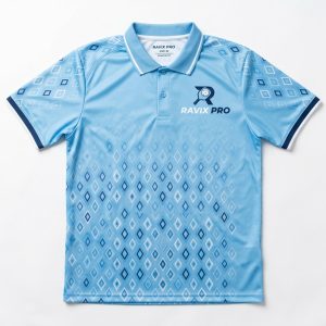 Custom Sky Blue Pattern Pickleball Polo – custom manufactured by Ravix Pro Industry, Sialkot, Pakistan