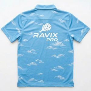 Custom Sky Blue Cloud Print Pickleball Polo – custom manufactured by Ravix Pro Industry, Sialkot, Pakistan