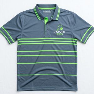 Custom Grey and Green Stripe Pickleball Polo – custom manufactured by Ravix Pro Industry, Sialkot, Pakistan