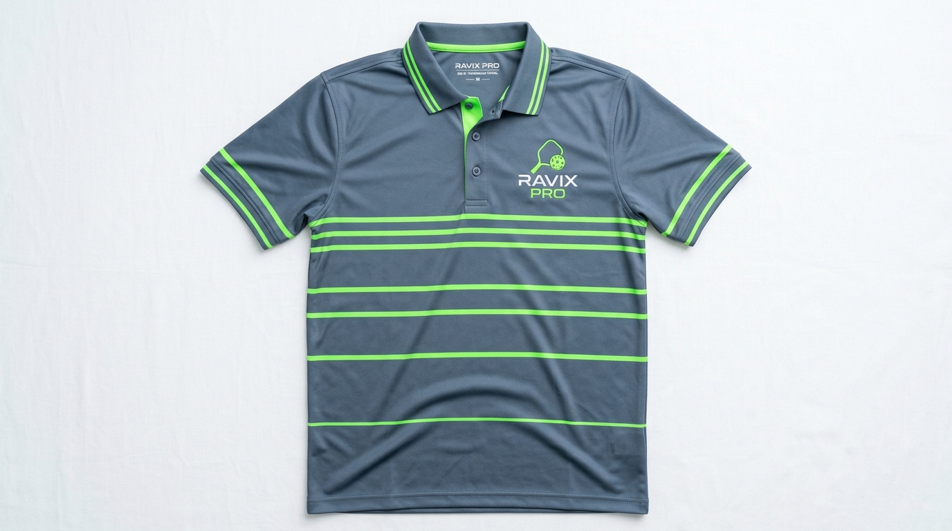 Custom Grey and Green Stripe Pickleball Polo Custom Grey and Green Stripe Pickleball Polo – custom manufactured by Ravix Pro Industry, Sialkot, Pakistan