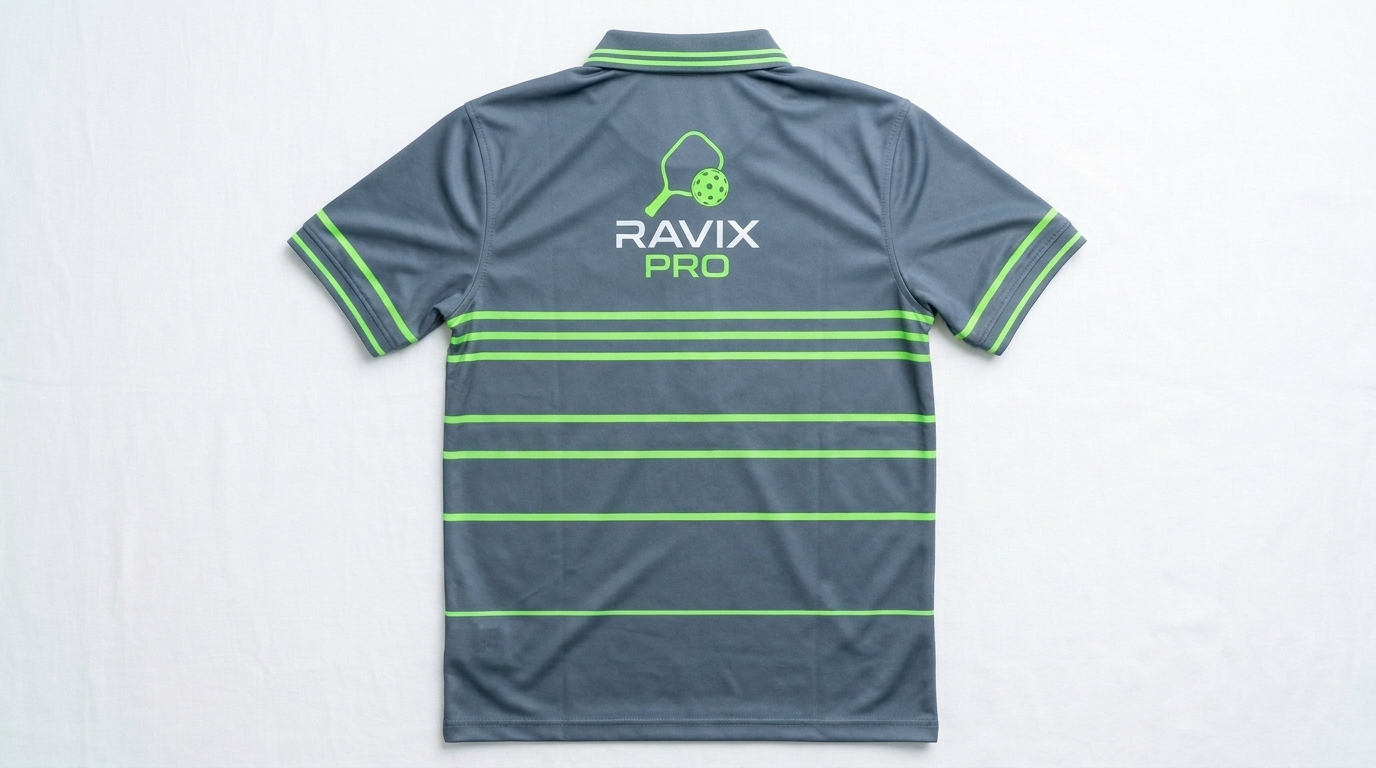 Custom Grey and Green Stripe Pickleball Polo – view 2 Custom Grey and Green Stripe Pickleball Polo – alternate view, made by Ravix Pro Industry, Sialkot