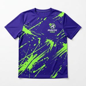 Custom Purple and Lime Splash Pickleball Shirt – custom manufactured by Ravix Pro Industry, Sialkot, Pakistan