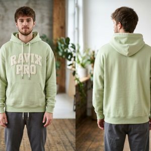 Custom Sage Green Hoodie with Puff Logo – custom manufactured by Ravix Pro Industry, Sialkot, Pakistan