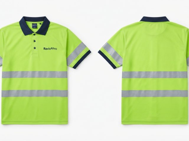 Custom Hi-Vis Yellow and Navy Safety Polo – custom manufactured by Ravix Pro Industry, Sialkot, Pakistan