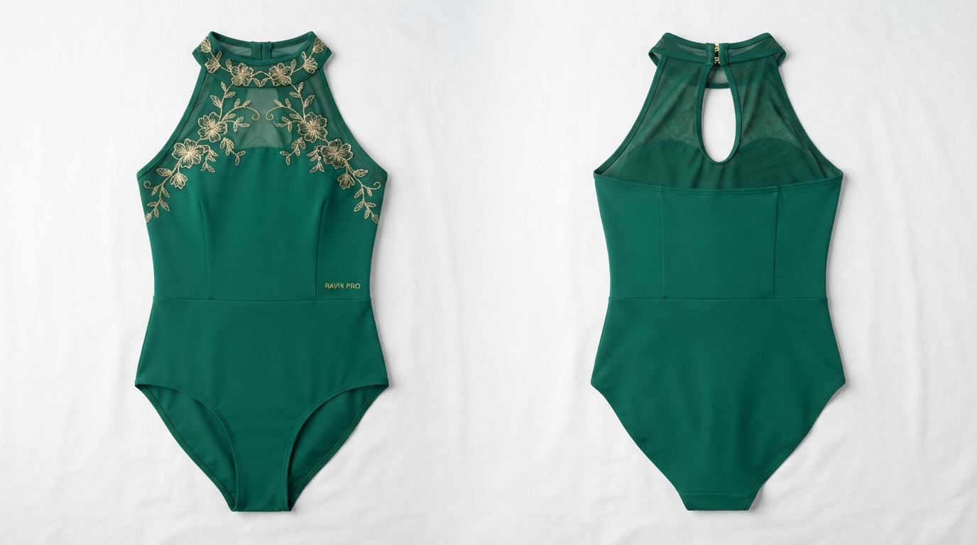 Custom Emerald Green Halter Dance Leotard with Gold Embellished Neckline Custom Emerald Green Halter Dance Leotard with Gold Embellished Neckline – custom manufactured by Ravix Pro Industry, Sialkot, Pakistan