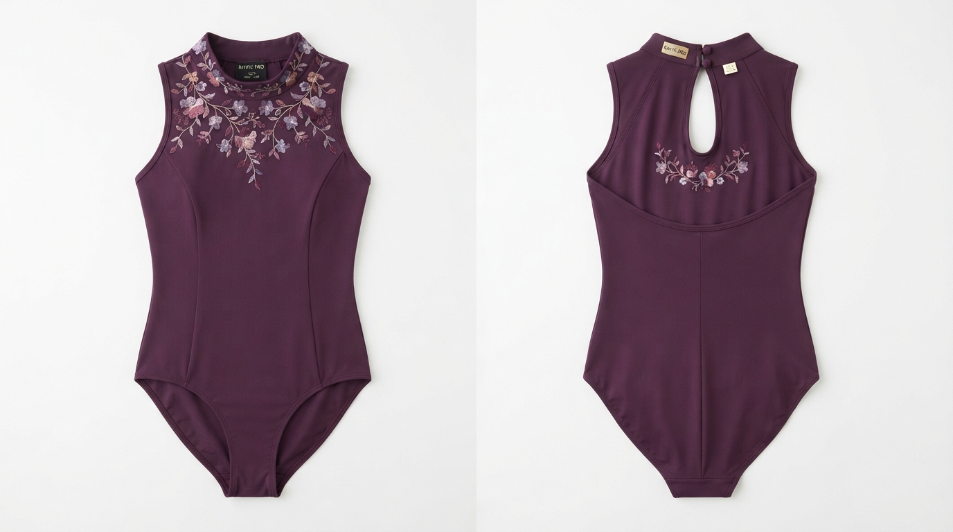Custom Plum High-Neck Dance Leotard with Embroidered Yoke Custom Plum High-Neck Dance Leotard with Embroidered Yoke – custom manufactured by Ravix Pro Industry, Sialkot, Pakistan