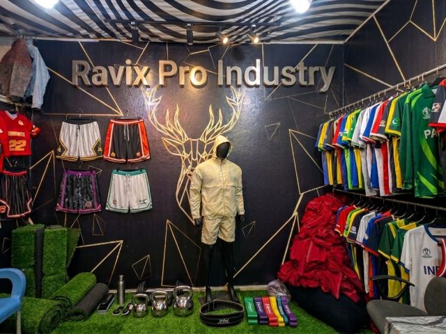Ravix Pro Industry sample room with custom sportswear and team uniforms, Sialkot, Pakistan