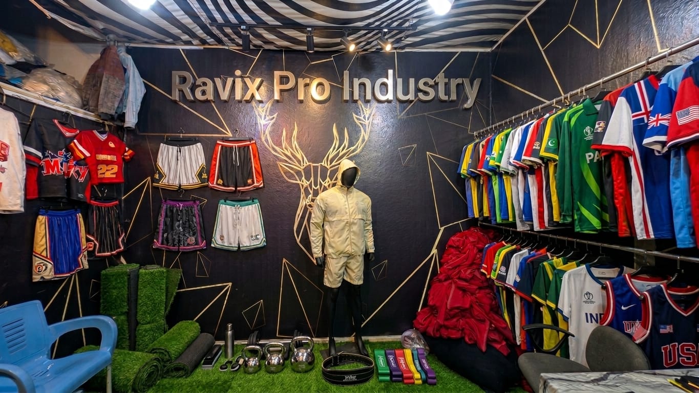 Ravix Pro Industry sample room with custom sportswear and team uniforms, Sialkot, Pakistan