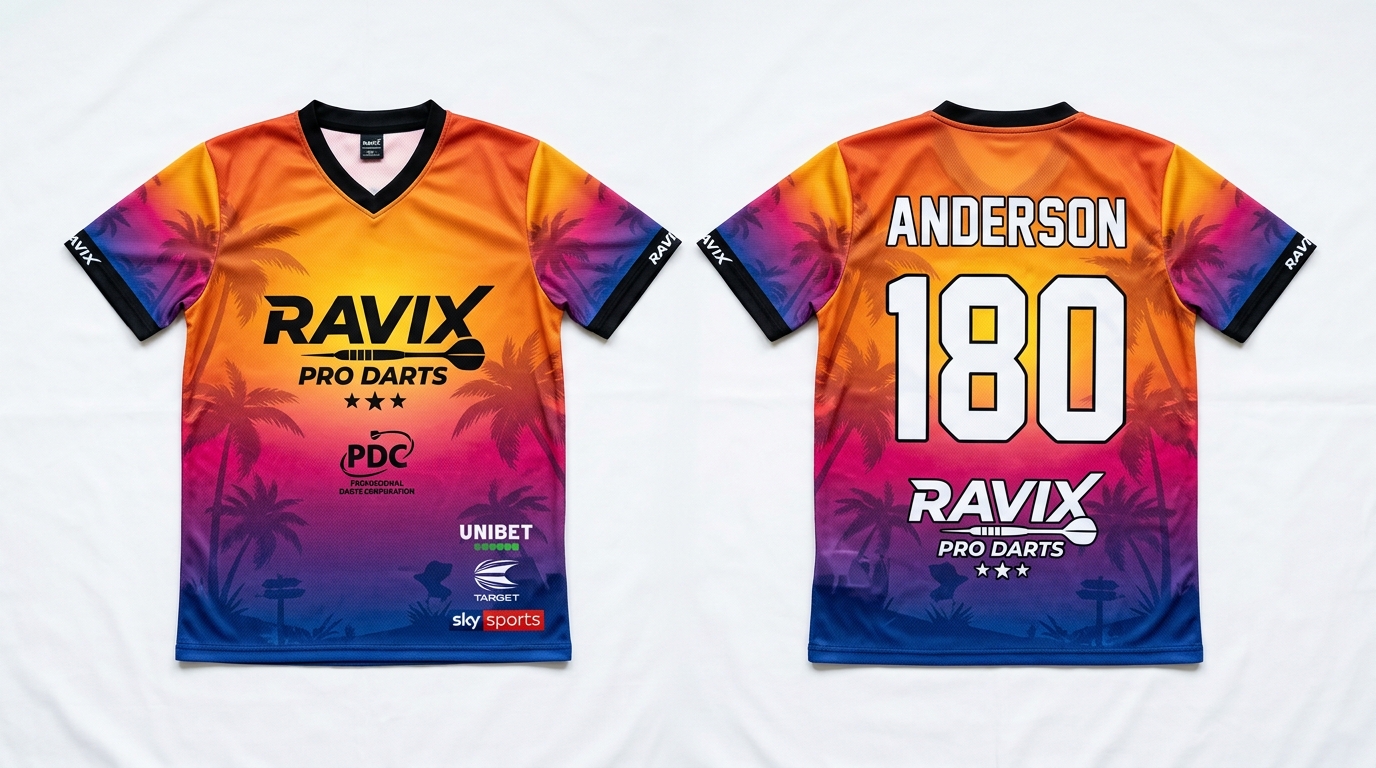 Custom Orange and Purple Sunset Darts Jersey Custom Orange and Purple Sunset Darts Jersey – custom manufactured by Ravix Pro Industry, Sialkot, Pakistan