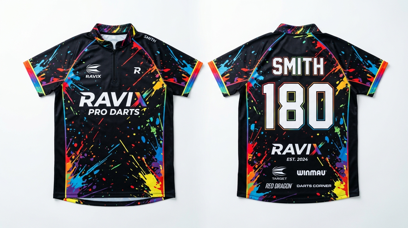 Custom Black Paint Splatter Darts Jersey Custom Black Paint Splatter Darts Jersey – custom manufactured by Ravix Pro Industry, Sialkot, Pakistan