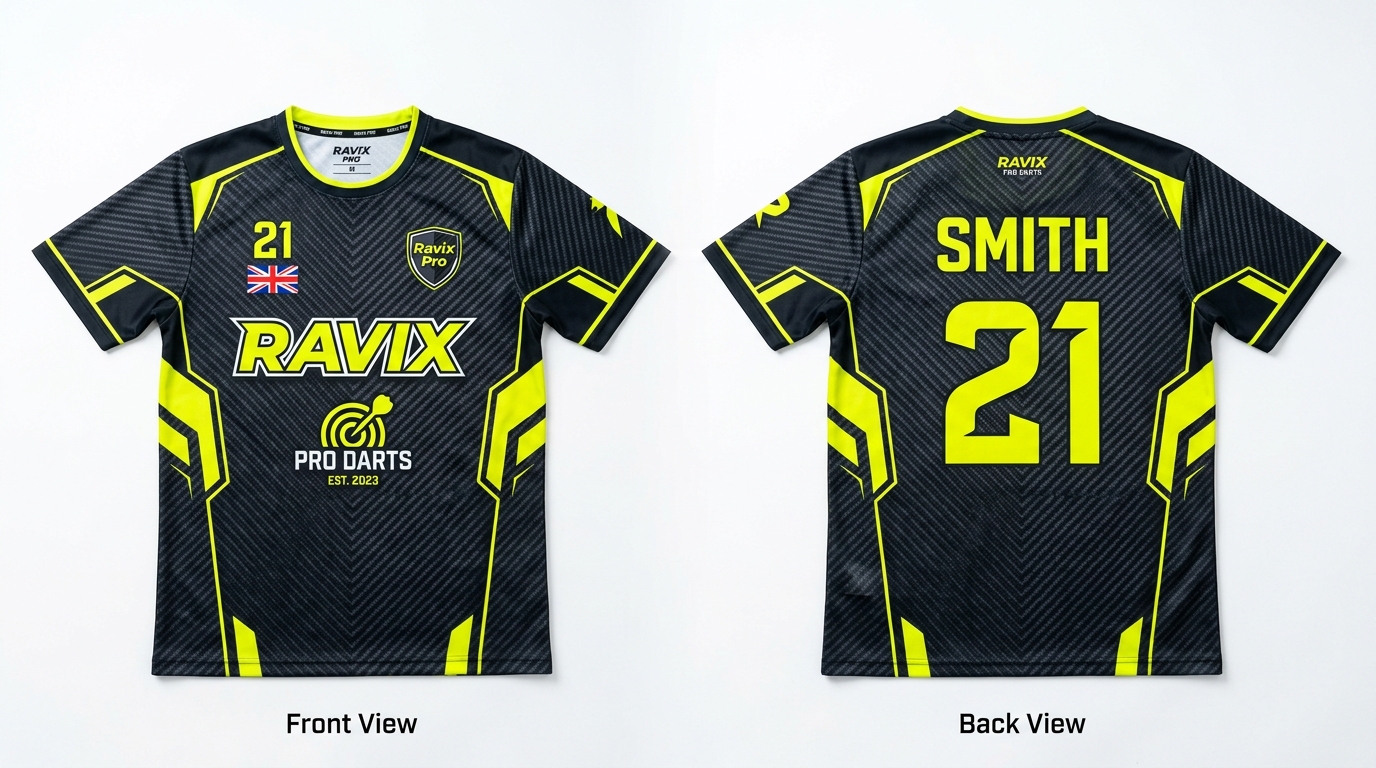 Custom Black and Neon Yellow Darts Jersey Custom Black and Neon Yellow Darts Jersey – custom manufactured by Ravix Pro Industry, Sialkot, Pakistan