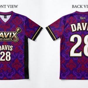 Custom Purple and Red Paisley Darts Jersey – custom manufactured by Ravix Pro Industry, Sialkot, Pakistan