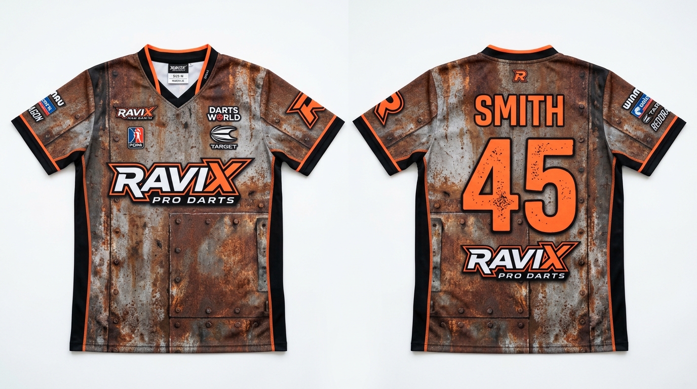 Custom Rust Brown Distressed Darts Jersey Custom Rust Brown Distressed Darts Jersey – custom manufactured by Ravix Pro Industry, Sialkot, Pakistan