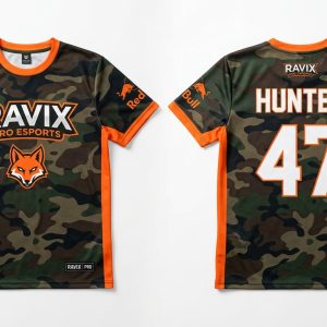 Custom Orange Camo Esports Jersey – custom manufactured by Ravix Pro Industry, Sialkot, Pakistan