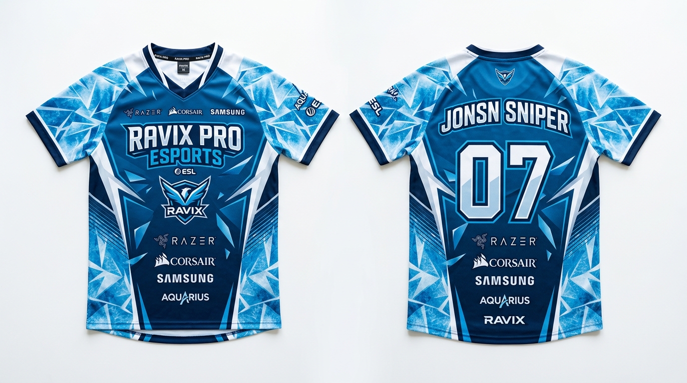 Custom Sky Blue Ice Esports Jersey Custom Sky Blue Ice Esports Jersey – custom manufactured by Ravix Pro Industry, Sialkot, Pakistan