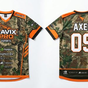 Custom Camo and Orange Esports Jersey – custom manufactured by Ravix Pro Industry, Sialkot, Pakistan