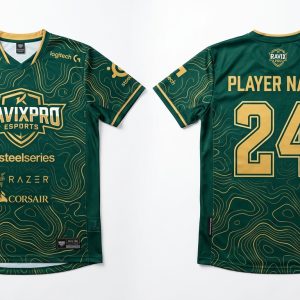 Custom Forest Green and Gold Esports Jersey – custom manufactured by Ravix Pro Industry, Sialkot, Pakistan