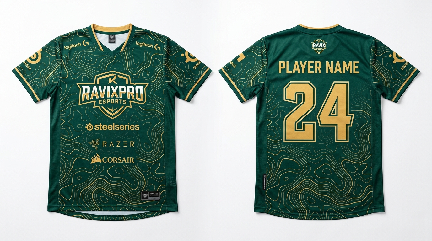 Custom Forest Green and Gold Esports Jersey Custom Forest Green and Gold Esports Jersey – custom manufactured by Ravix Pro Industry, Sialkot, Pakistan