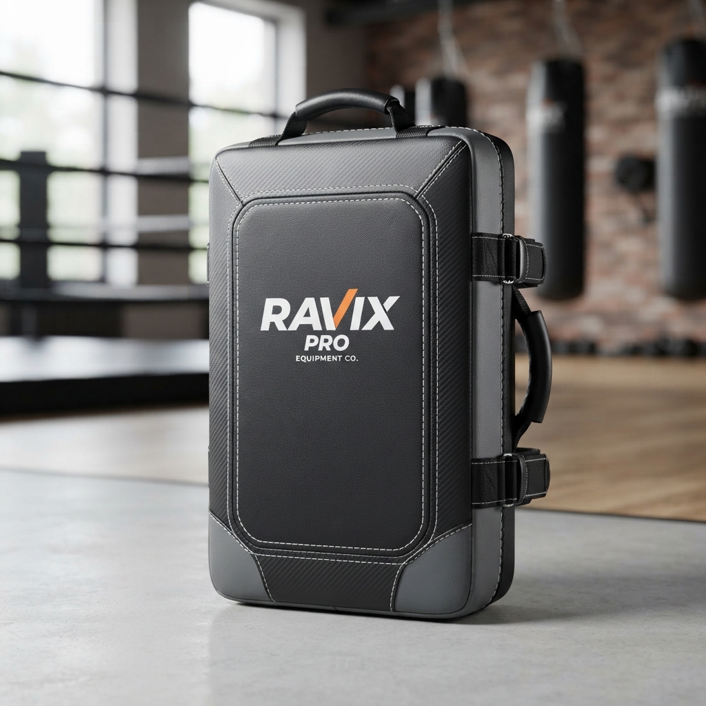 Custom Black MMA Kick Shield – view 5 Custom Black MMA Kick Shield – alternate view, made by Ravix Pro Industry, Sialkot