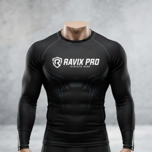 Custom Black Long Sleeve MMA Rash Guard – custom manufactured by Ravix Pro Industry, Sialkot, Pakistan