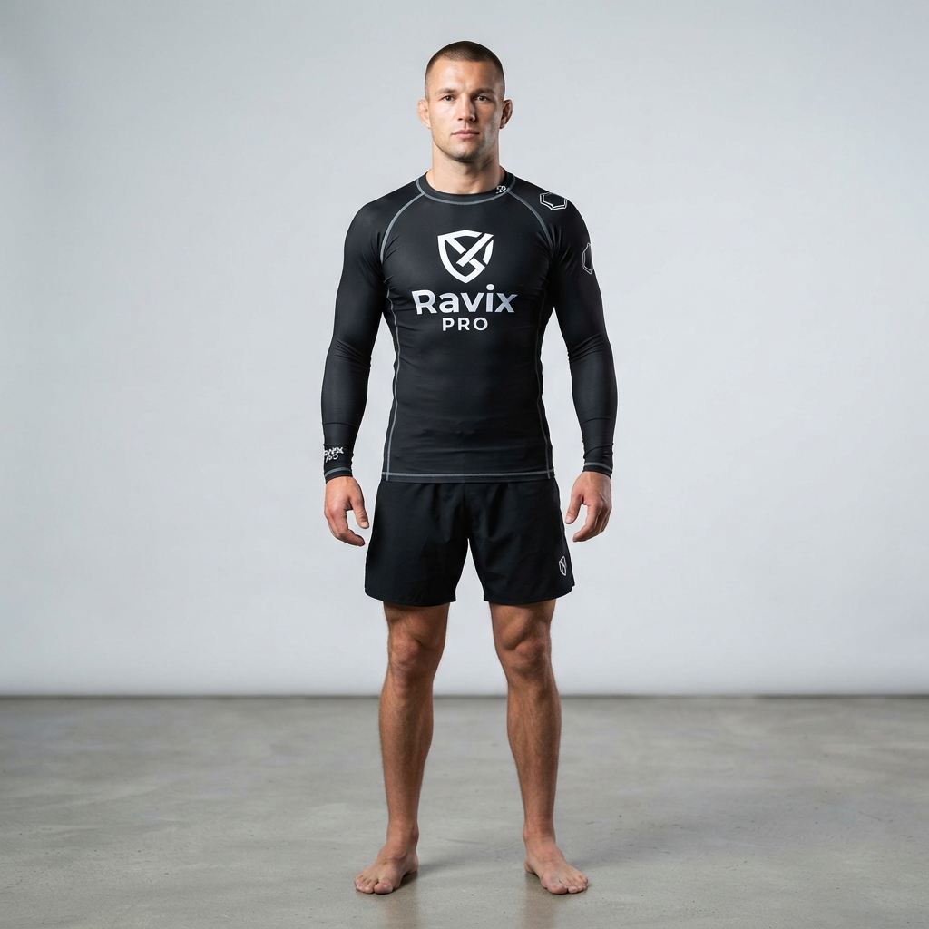 Custom Black Long Sleeve MMA Rash Guard – view 2 Custom Black Long Sleeve MMA Rash Guard – alternate view, made by Ravix Pro Industry, Sialkot