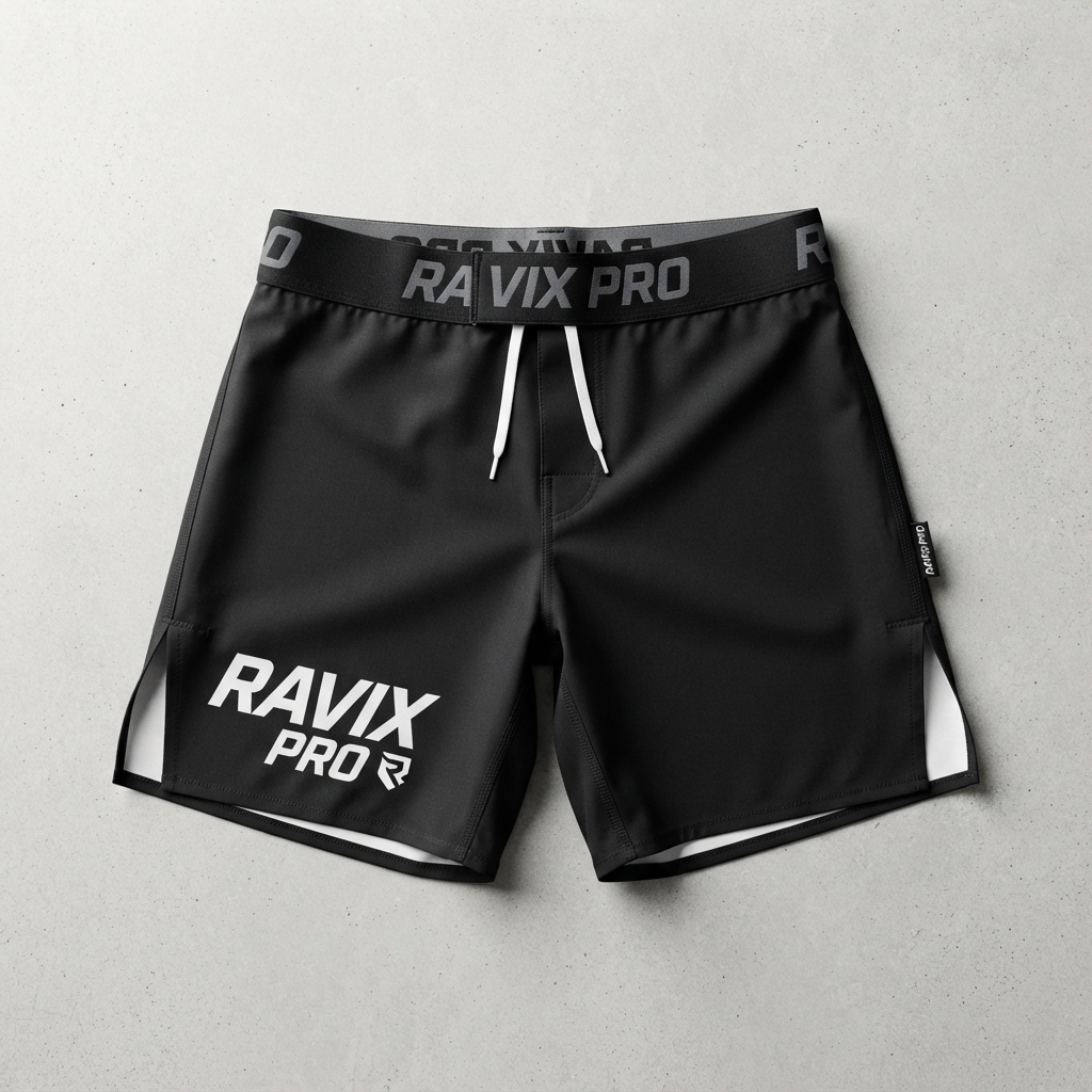 Custom Black MMA Shorts with Side Slits – view 4 Custom Black MMA Shorts with Side Slits – alternate view, made by Ravix Pro Industry, Sialkot