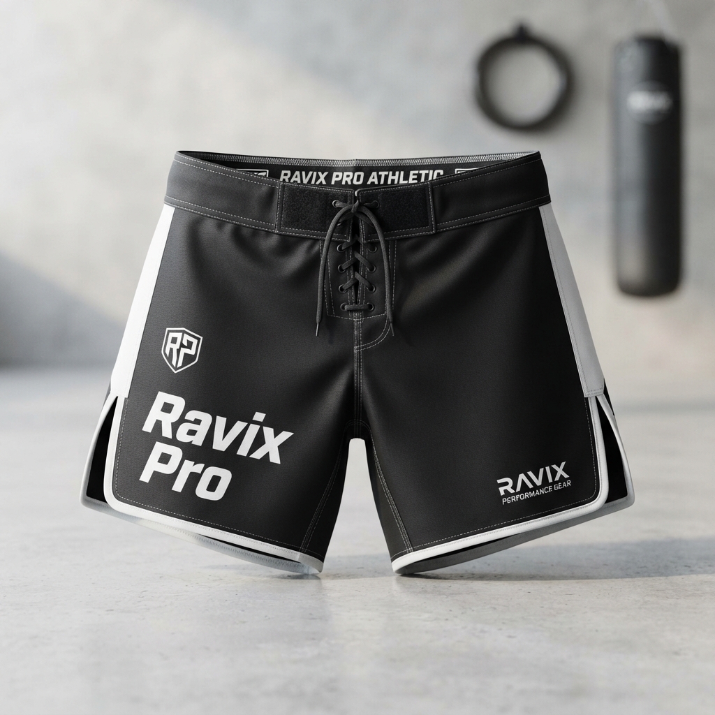 Custom Black and White MMA Fight Shorts – view 2 Custom Black and White MMA Fight Shorts – alternate view, made by Ravix Pro Industry, Sialkot