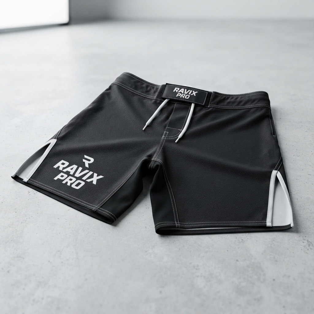 Custom Black MMA Shorts with Side Slits – view 2 Custom Black MMA Shorts with Side Slits – alternate view, made by Ravix Pro Industry, Sialkot