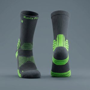 Custom Charcoal and Green Pattern Sports Socks – custom manufactured by Ravix Pro Industry, Sialkot, Pakistan