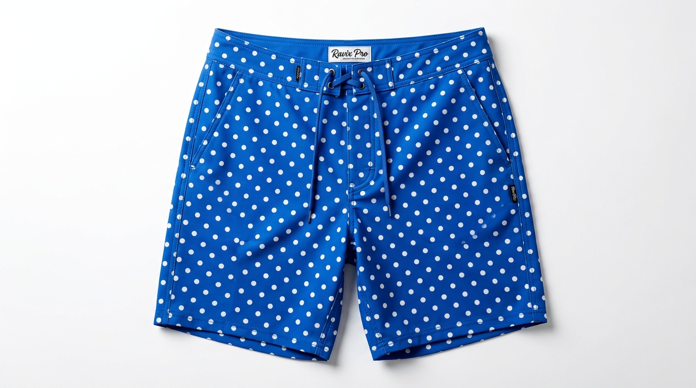 Custom Royal Blue and White Polka Dot Drawstring Board Shorts Custom Royal Blue and White Polka Dot Drawstring Board Shorts – custom manufactured by Ravix Pro Industry, Sialkot, Pakistan