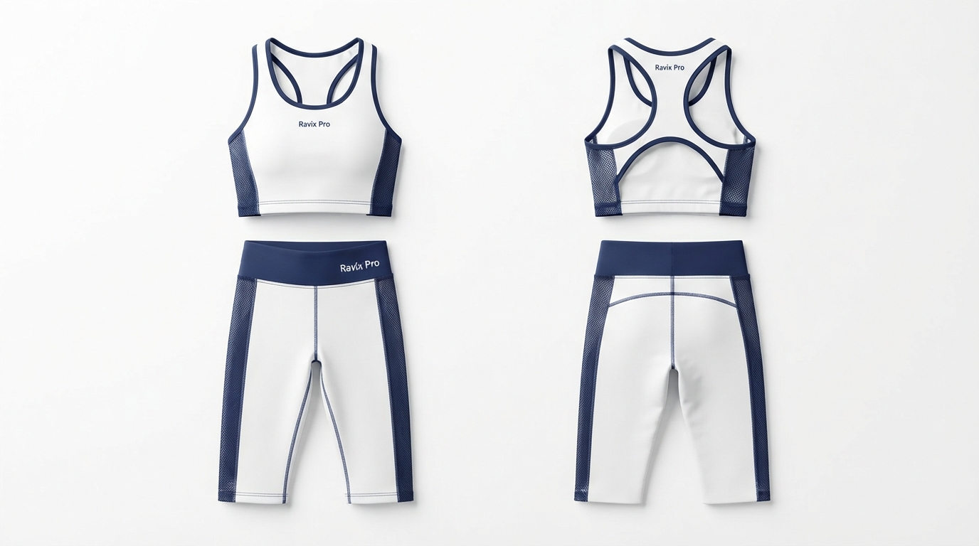 Custom White and Navy Dancewear Set Custom White and Navy Dancewear Set – custom manufactured by Ravix Pro Industry, Sialkot, Pakistan