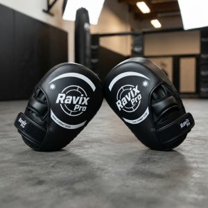 Custom Black Round Focus Pads with White Logo – custom manufactured by Ravix Pro Industry, Sialkot, Pakistan