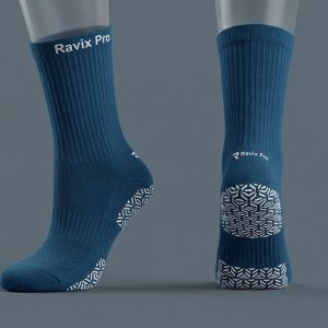 Custom Steel Blue Grip Socks – custom manufactured by Ravix Pro Industry, Sialkot, Pakistan