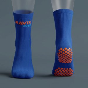 Custom Royal Blue and Orange Grip Socks – custom manufactured by Ravix Pro Industry, Sialkot, Pakistan