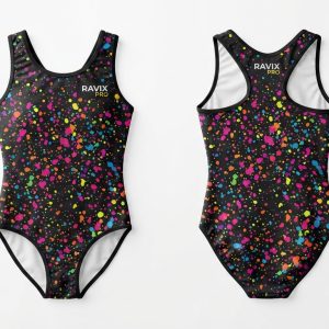 Custom Black and Rainbow Gymnastics Leotard – custom manufactured by Ravix Pro Industry, Sialkot, Pakistan