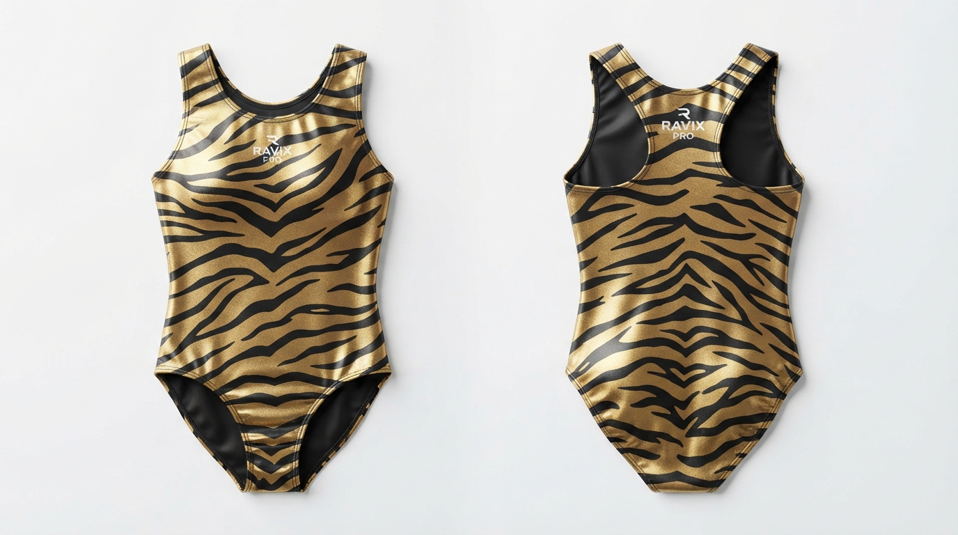 Custom Gold and Black Tiger Stripe Gymnastics Leotard with Racerback Custom Gold and Black Tiger Stripe Gymnastics Leotard with Racerback – custom manufactured by Ravix Pro Industry, Sialkot, Pakistan