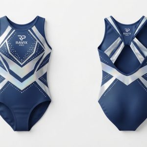 Custom Navy and Silver Gymnastics Leotard with Chevron Panels – custom manufactured by Ravix Pro Industry, Sialkot, Pakistan