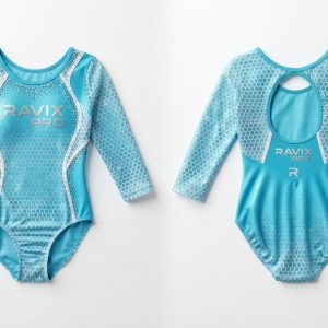 Custom Sky Blue Long Sleeve Gymnastics Leotard with Lace Panels – custom manufactured by Ravix Pro Industry, Sialkot, Pakistan