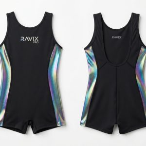 Custom Black and Silver Sleeveless Shorty Gymnastics Unitard – custom manufactured by Ravix Pro Industry, Sialkot, Pakistan