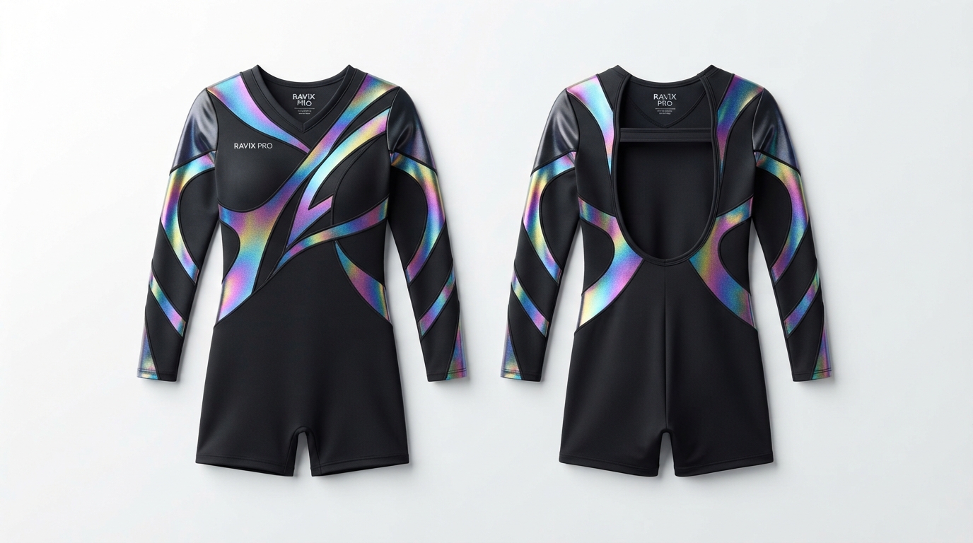 Custom Black and Silver Gymnastics Unitard Custom Black and Silver Gymnastics Unitard – custom manufactured by Ravix Pro Industry, Sialkot, Pakistan