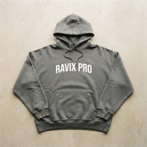 Custom Grey Fleece Hoodie with White Logo – custom manufactured by Ravix Pro Industry, Sialkot, Pakistan