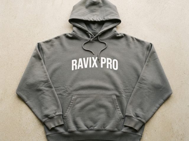 Custom Grey Fleece Hoodie with White Logo – custom manufactured by Ravix Pro Industry, Sialkot, Pakistan