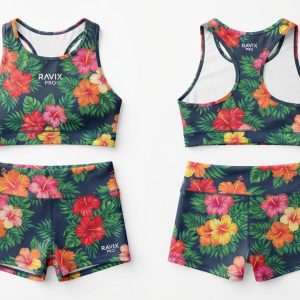 Custom Green and Pink Floral Racerback Dancewear Set – custom manufactured by Ravix Pro Industry, Sialkot, Pakistan
