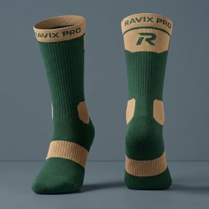 Custom Green and Tan Sports Socks – custom manufactured by Ravix Pro Industry, Sialkot, Pakistan