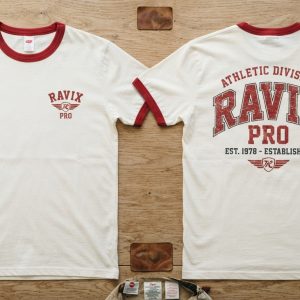 Custom White and Red Merch T-Shirt – custom manufactured by Ravix Pro Industry, Sialkot, Pakistan