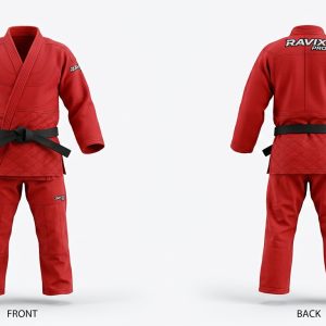 Custom Red Judo Gi – custom manufactured by Ravix Pro Industry, Sialkot, Pakistan