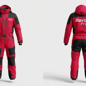 Custom Red and Black Ski Suit by Ravix Pro Industry, ski wear manufacturer in Sialkot, Pakistan