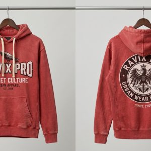 Custom Red Streetwear Hoodie with Eagle Crest Back Print – custom manufactured by Ravix Pro Industry, Sialkot, Pakistan